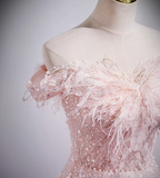 A-line off-the-shoulder tulle lace sequined long prom dress, pink evening dress HZ1024