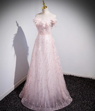A-line off-the-shoulder tulle lace sequined long prom dress, pink evening dress HZ1024