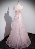 A-line off-the-shoulder tulle lace sequined long prom dress, pink evening dress HZ1024