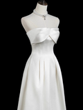 A-line strapless satin long prom dress, white bridal dress HZ1024