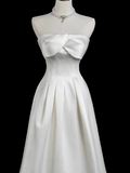 A-line strapless satin long prom dress, white bridal dress HZ1024