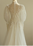 A-line V-neck tulle lace long prom dress, White wedding dress with train HZ1024