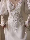 A-line V-neck tulle lace long prom dress, White wedding dress with train HZ1024