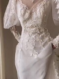 A-line V-neck tulle lace long prom dress, White wedding dress with train HZ1024