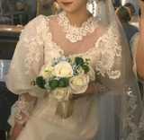 A-line V-neck tulle lace long prom dress, White wedding dress with train HZ1024