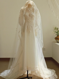 A-line V-neck tulle lace long prom dress, White wedding dress with train HZ1024