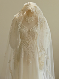 A-line V-neck tulle lace long prom dress, White wedding dress with train HZ1024