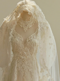 A-line V-neck tulle lace long prom dress, White wedding dress with train HZ1024