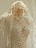 A-line V-neck tulle lace long prom dress, White wedding dress with train HZ1024