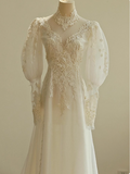 A-line V-neck tulle lace long prom dress, White wedding dress with train HZ1024