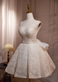 A-line v-neck mesh lace beaded short prom dress, Off-white birthday dress HZ1024