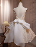 A-line v-neck mesh lace beaded short prom dress, Off-white birthday dress HZ1024