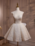 A-line v-neck mesh lace beaded short prom dress, Off-white birthday dress HZ1024