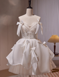 A-line spaghetti strap tulle lace short prom dress, Off-white homecoming dress birthday dresss HZ1024