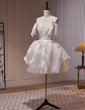 A-line spaghetti strap tulle lace short prom dress, Off-white homecoming dress birthday dresss HZ1024