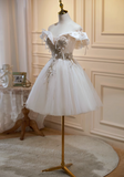 A-line off-the-shoulder tulle sequin short prom dress, off-white homecoming dress birthday dress HZ1024