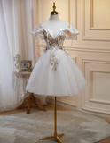 A-line off-the-shoulder tulle sequin short prom dress, off-white homecoming dress birthday dress HZ1024