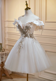 A-line off-the-shoulder tulle sequin short prom dress, off-white homecoming dress birthday dress HZ1024