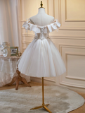 A-line off-the-shoulder tulle sequin short prom dress, off-white homecoming dress birthday dress HZ1024
