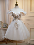 A-line off-the-shoulder tulle sequin short prom dress, off-white homecoming dress birthday dress HZ1024