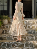 Retro Apricot Lace Long Sleeve Knitted Dress Velvet Princess Dress HZ1024