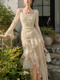 Retro Apricot Lace Long Sleeve Knitted Dress Velvet Princess Dress HZ1024
