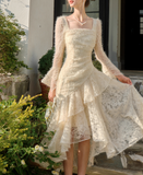 Retro Apricot Lace Long Sleeve Knitted Dress Velvet Princess Dress HZ1024
