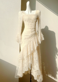 Retro Apricot Lace Long Sleeve Knitted Dress Velvet Princess Dress HZ1024
