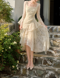 Retro Apricot Lace Long Sleeve Knitted Dress Velvet Princess Dress HZ1024
