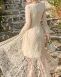 Retro Apricot Lace Long Sleeve Knitted Dress Velvet Princess Dress HZ1024