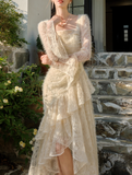 Retro Apricot Lace Long Sleeve Knitted Dress Velvet Princess Dress HZ1024