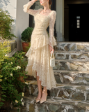 Retro Apricot Lace Long Sleeve Knitted Dress Velvet Princess Dress HZ1024