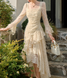 Retro Apricot Lace Long Sleeve Knitted Dress Velvet Princess Dress HZ1024