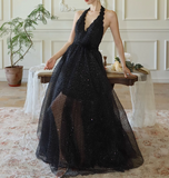 fine shimmer tulle dress French halterneck backless dress HZ1024