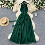 dark green V-neck halter back long dress HZ1024