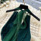 dark green V-neck halter back long dress HZ1024