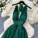 dark green V-neck halter back long dress HZ1024
