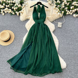 dark green V-neck halter back long dress HZ1024