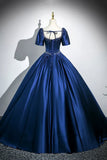 Satin Long A-Line Prom Dress with Pearls, Elegant Short Sleeve Evening Party Dress HZ1024