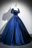 Satin Long A-Line Prom Dress with Pearls, Elegant Short Sleeve Evening Party Dress HZ1024