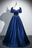 Satin Long A-Line Prom Dress with Pearls, Elegant Short Sleeve Evening Party Dress HZ1024