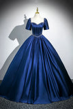 Satin Long A-Line Prom Dress with Pearls, Elegant Short Sleeve Evening Party Dress HZ1024