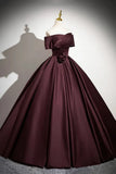 Satin Long Prom Dress, Burgundy Off-the-Shoulder Formal Dress HZ1024