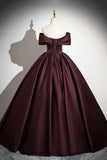 Satin Long Prom Dress, Burgundy Off-the-Shoulder Formal Dress HZ1024