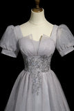 Tulle Beaded Long Prom Dress, A-Line Short Sleeve Evening Party Dress HZ1024