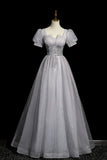 Tulle Beaded Long Prom Dress, A-Line Short Sleeve Evening Party Dress HZ1024