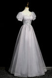 Tulle Beaded Long Prom Dress, A-Line Short Sleeve Evening Party Dress HZ1024