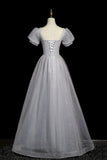 Tulle Beaded Long Prom Dress, A-Line Short Sleeve Evening Party Dress HZ1024