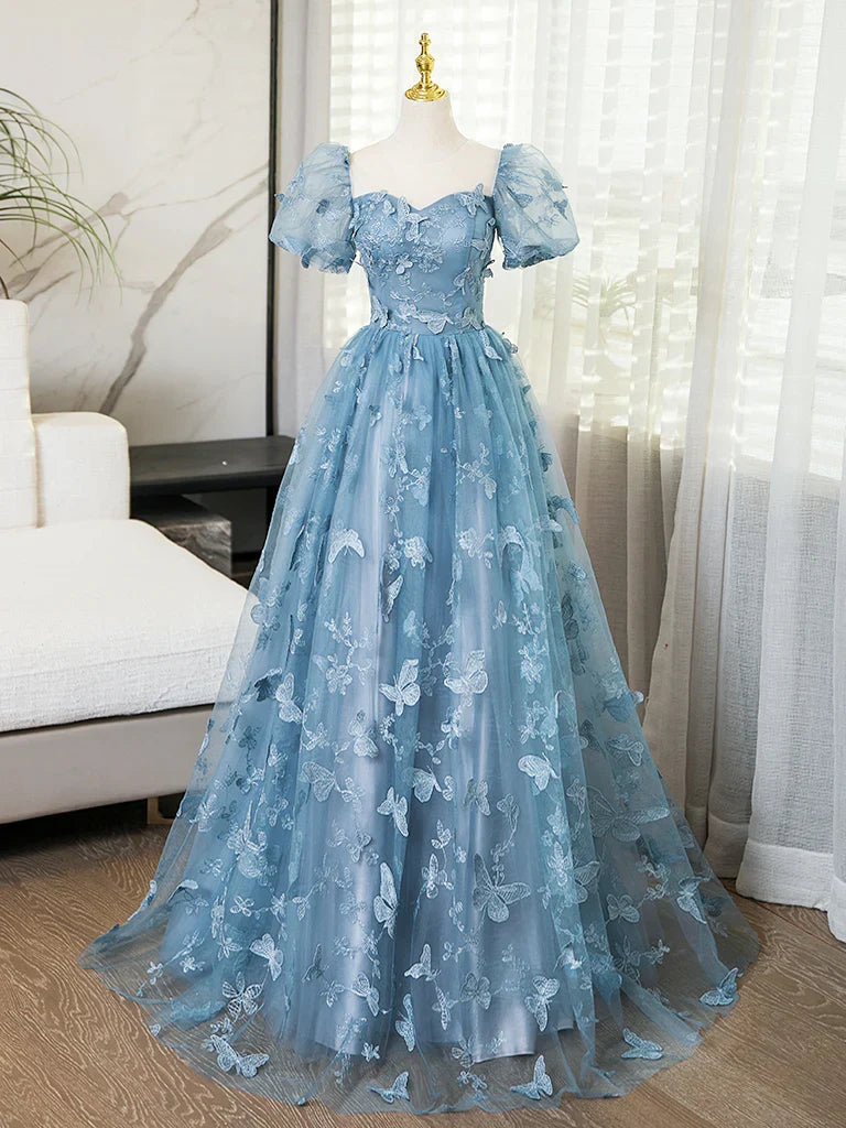 Evening Dress under $180||Fairytale?? A-Line Puff Sleeves Tulle Lace Gray BlueSweet Long Prom Dress for Birthday HZ1024