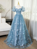 Evening Dress under $180||Fairytale?? A-Line Puff Sleeves Tulle Lace Gray BlueSweet Long Prom Dress for Birthday HZ1024